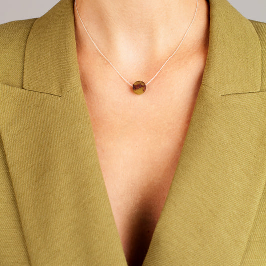 POINT OLIVE GREEN resin necklace with 925 silver chain