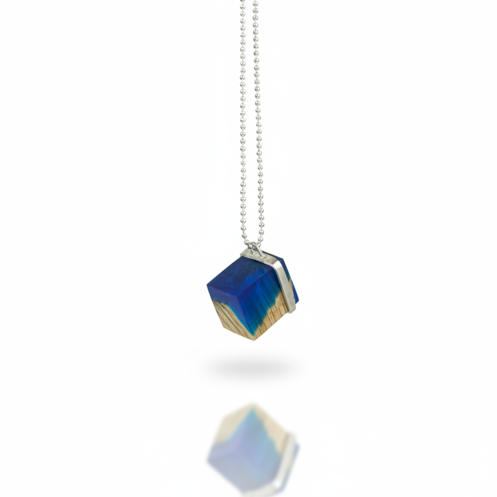 Blue cube pendant with shadow reflection