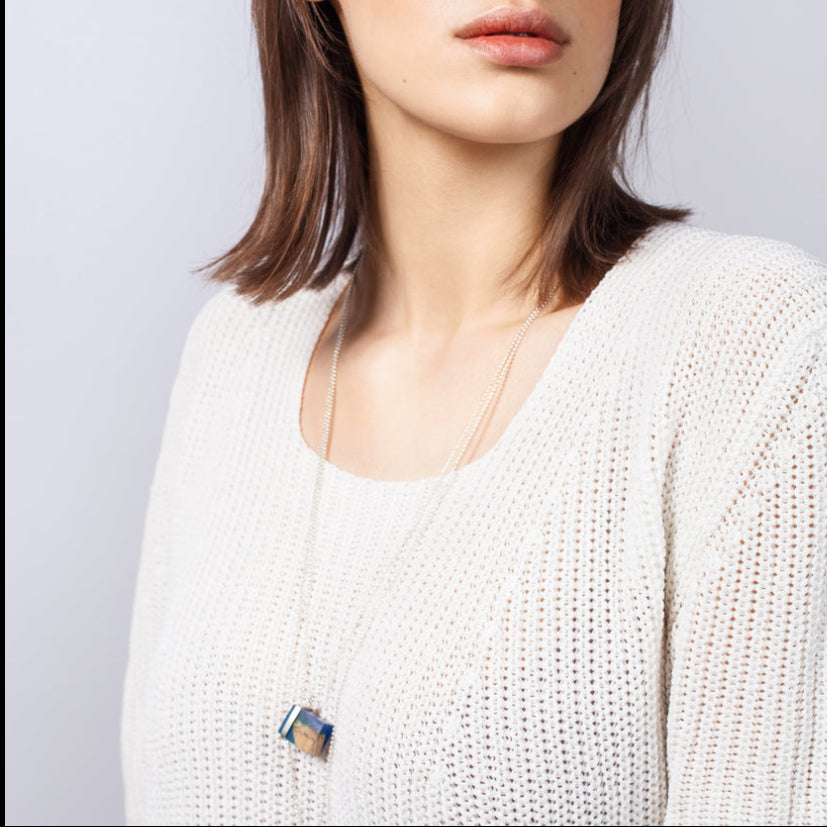 CUBE ROYAL BLUE resin necklace with 925 silver border and stainless steal chain