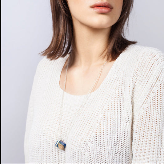 CUBE ROYAL BLUE resin necklace with 925 silver border and stainless steal chain